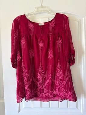 Sundance Red with Fuchsia Embroidery Peasant Tunic